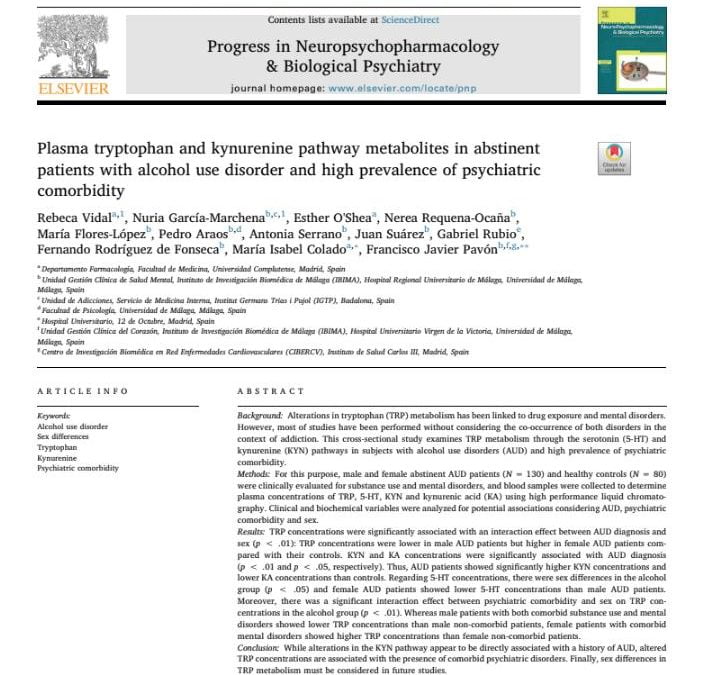 Plasma tryptophan and kynurenine pathway metabolites in abstinent patients with alcohol use disorder and high prevalence of psychiatric comorbidity