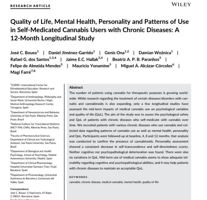Quality of Life, Mental Health, Personality and Patterns of Use in Self-Medicated Cannabis Users with Chronic Diseases: A 12-Month Longitudinal Study