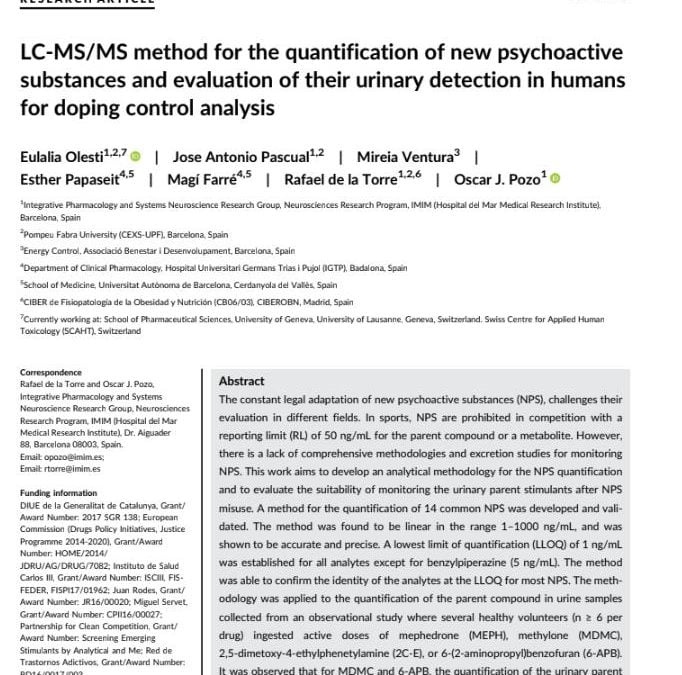 LC-MS/MS method for the quantification of new psychoactive substances and evaluation of their urinary detection in humans for doping control analysis