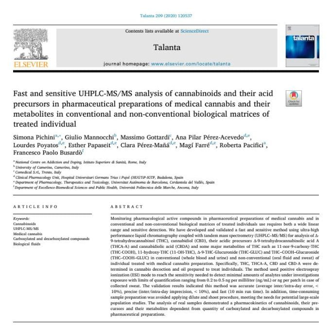 Fast and sensitive UHPLC-MS/MS analysis of cannabinoids and their acid precursors in pharmaceutical preparations of medical cannabis and their metabolites in conventional and non-conventional biological matrices of treated individual