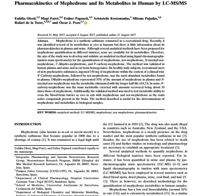 Pharmacokinetics of Mephedrone and Its Metabolites in Human by LC-MS/MS
