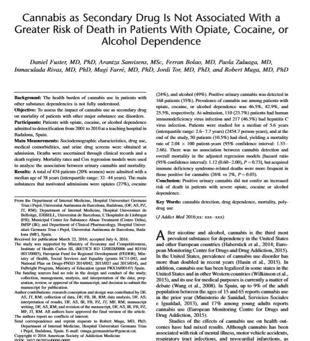 Cannabis as Secondary Drug Is Not Associated With a Greater Risk of Death in Patients With Opiate, Cocaine, or Alcohol Dependence