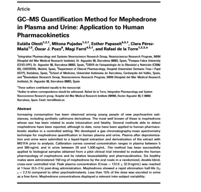 GC-MS Quantification Method for Mephedrone in Plasma and Urine: Application to Human Pharmacokinetics