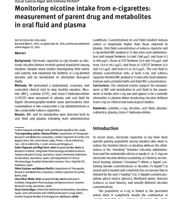Monitoring nicotine intake from e-cigarettes: measurement of parent drug and metabolites in oral fluid and plasma