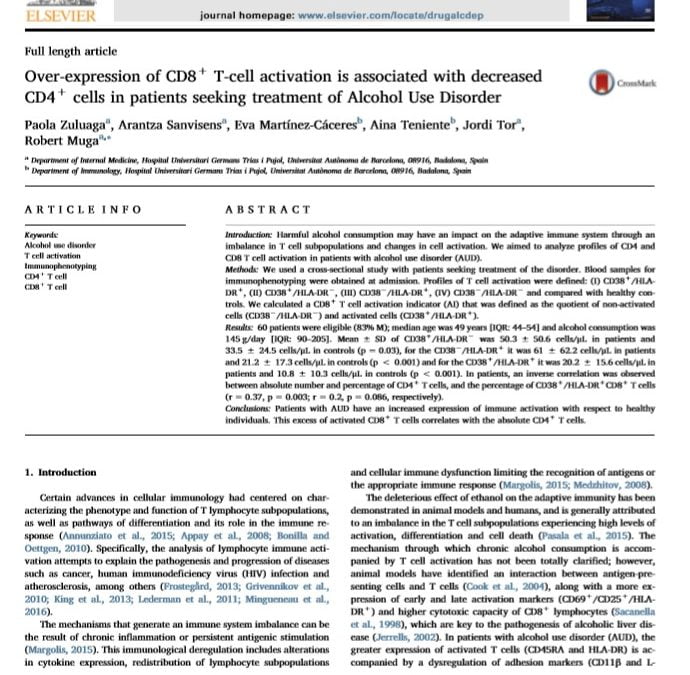 Over-expression of CD8+ T-cell activation is associated with decreased CD4+ cells in patients seeking treatment of Alcohol Use Disorder