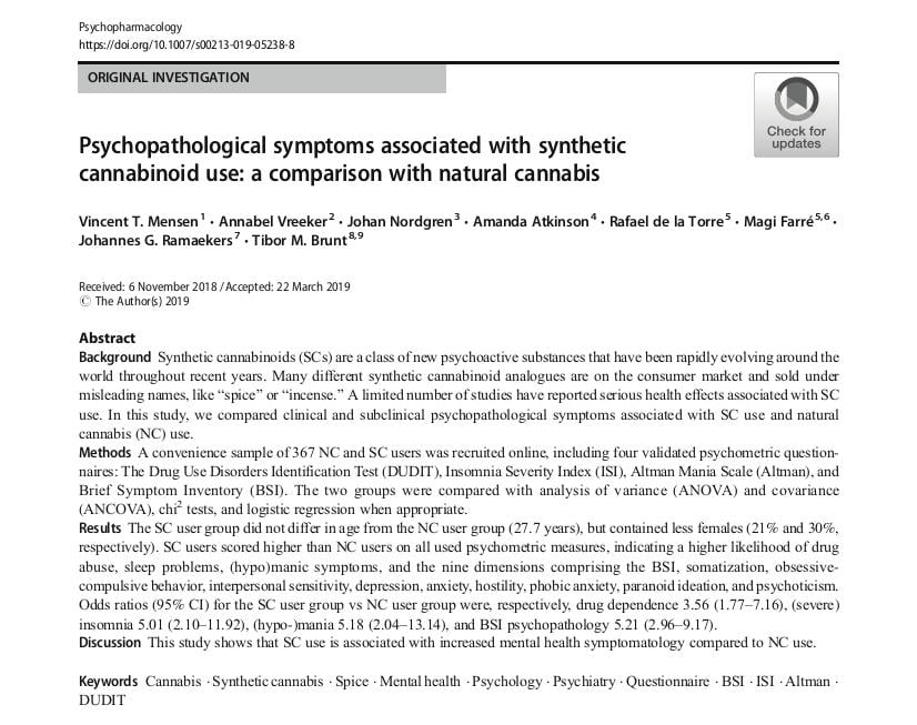 Psychopathological symptoms associated with synthetic cannabinoid use: a comparison with natural cannabis