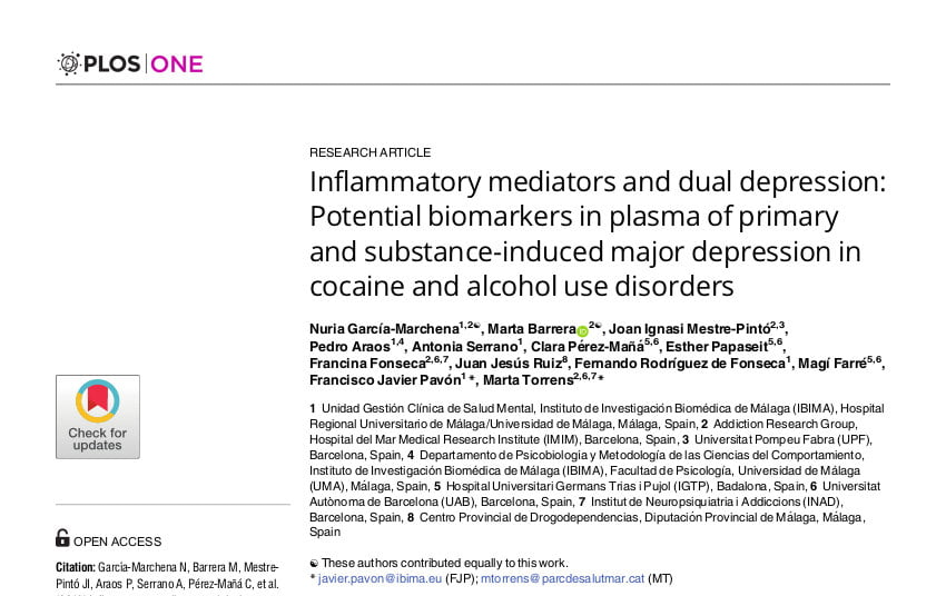 Inflammatory mediators and dual depression: Potential biomarkers in plasma of primary and substance-induced major depression in cocaine and alcohol use disorders