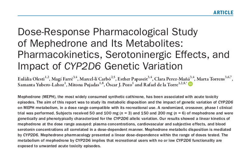 Dose-Response Pharmacological Study of Mephedrone and Its Metabolites: Pharmacokinetics, Serotoninergic Effects, and Impact of CYP2D6 Genetic Variation