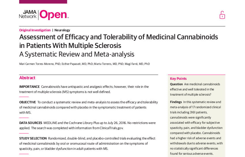 Assessment of Efficacy and Tolerability of Medicinal Cannabinoids in Patients With Multiple Sclerosis: A Systematic Review and Meta-analysis