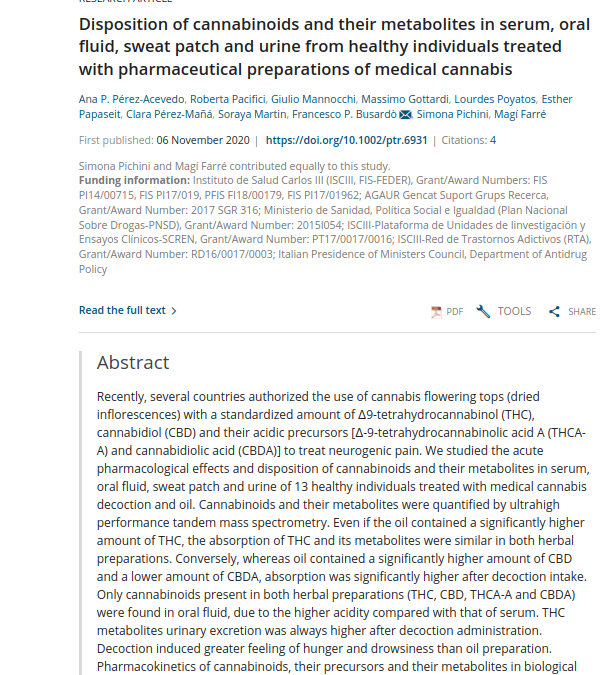 Disposition of cannabinoids and their metabolites in serum, oral fluid, sweat patch and urine from healthy individuals treated with pharmaceutical preparations of medical cannabis