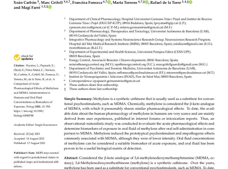 A Comparison of Acute Pharmacological Effects of Methylone and MDMA Administration in Humans and Oral Fluid Concentrations as Biomarkers of Exposure