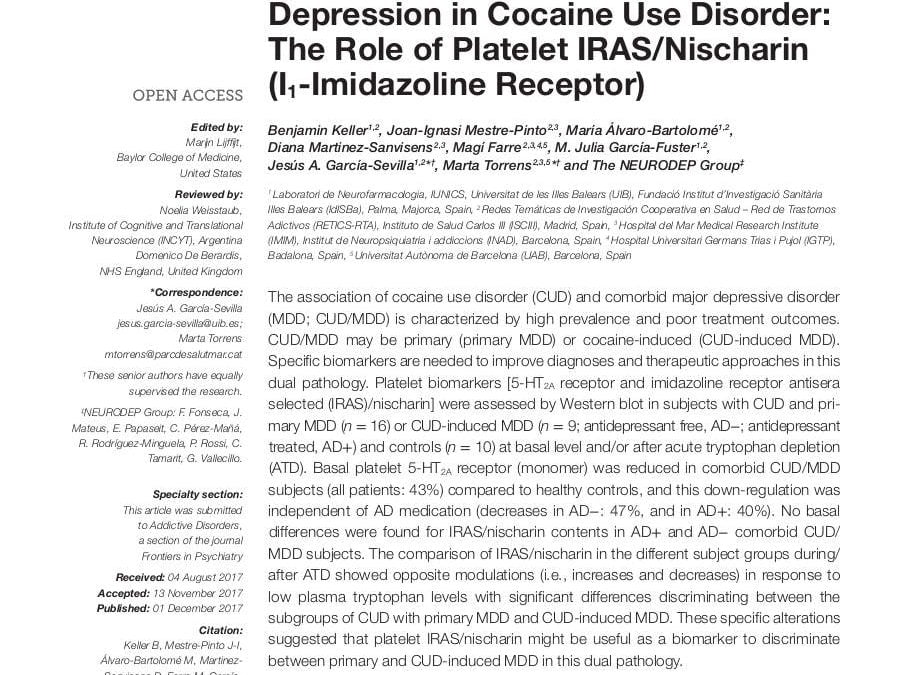 A Biomarker to Differentiate between Primary and Cocaine-Induced Major Depression in Cocaine Use Disorder: The Role of Platelet IRAS/Nischarin (I 1-Imidazoline Receptor)