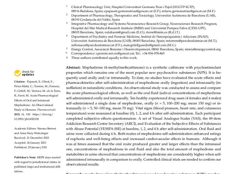 Acute Pharmacological Effects of Oral and Intranasal Mephedrone: An Observational Study in Humans